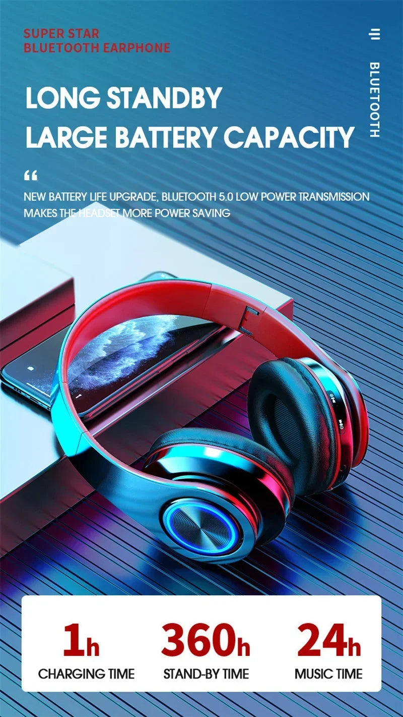 Foldable Bluetooth Headsets  Wireless Headphones With Mic Stereo Earphone Support TF Card FM For Xiaomi Iphone Sumsamg Phone