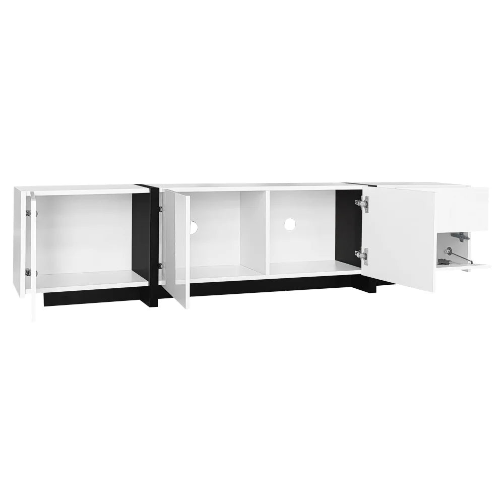 PINGGO TV cabinet, white high-gloss cabinet and black contrasting table legs, with simple cabinet doors and drawers.