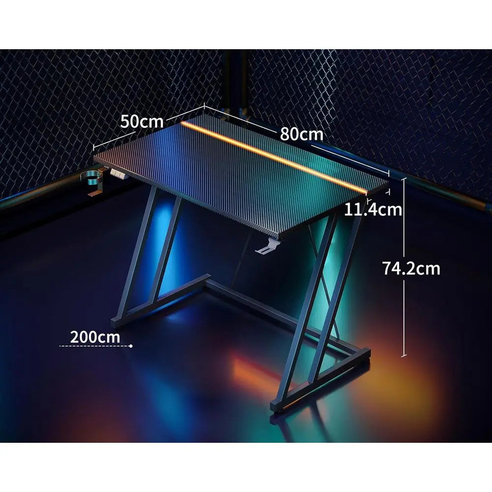 Carbon Fiber Black 80cm LED Gaming Desk with Cup Holder and Peg Hook