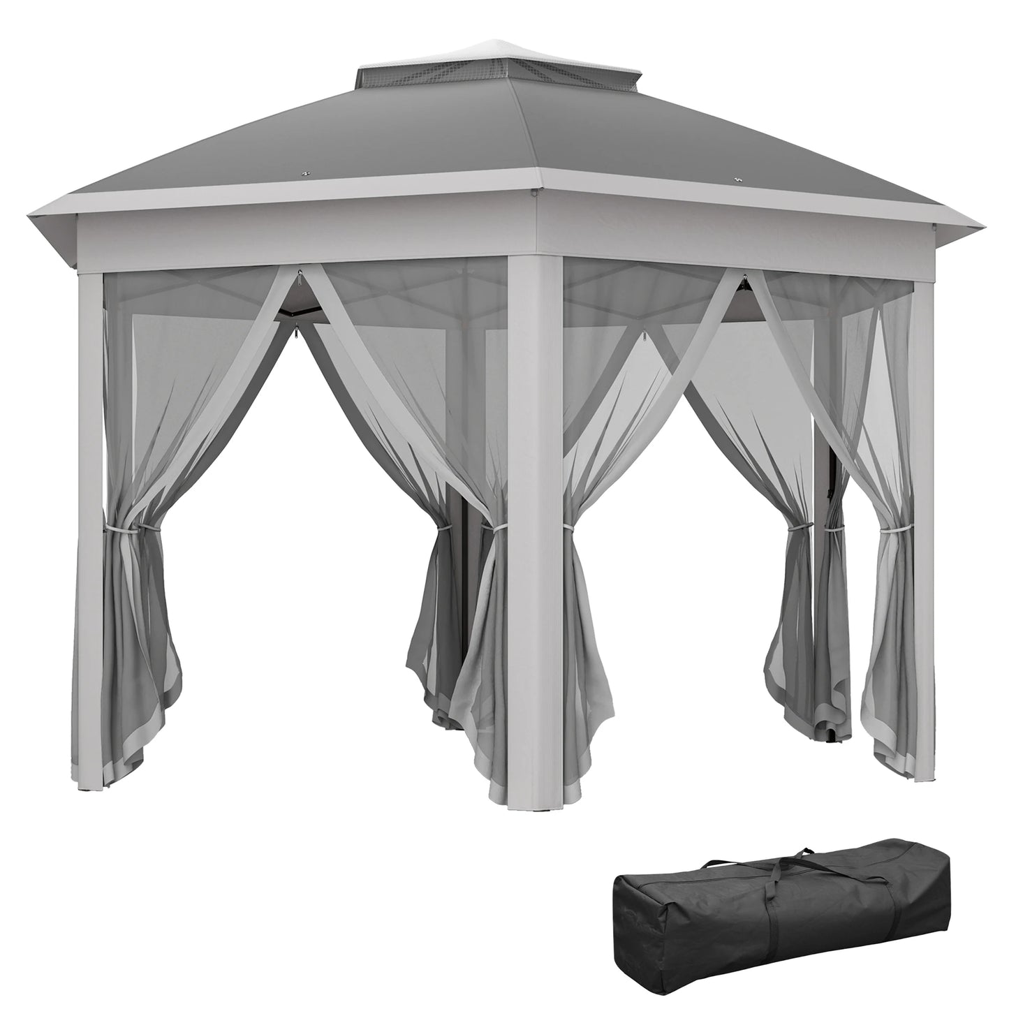 Outsunny 3 x 4m Garden Gazebo Hexagon Pop Up Party Tent Canopy Double Roof Instant Shelter with Netting and Carry Bag，Dark Grey