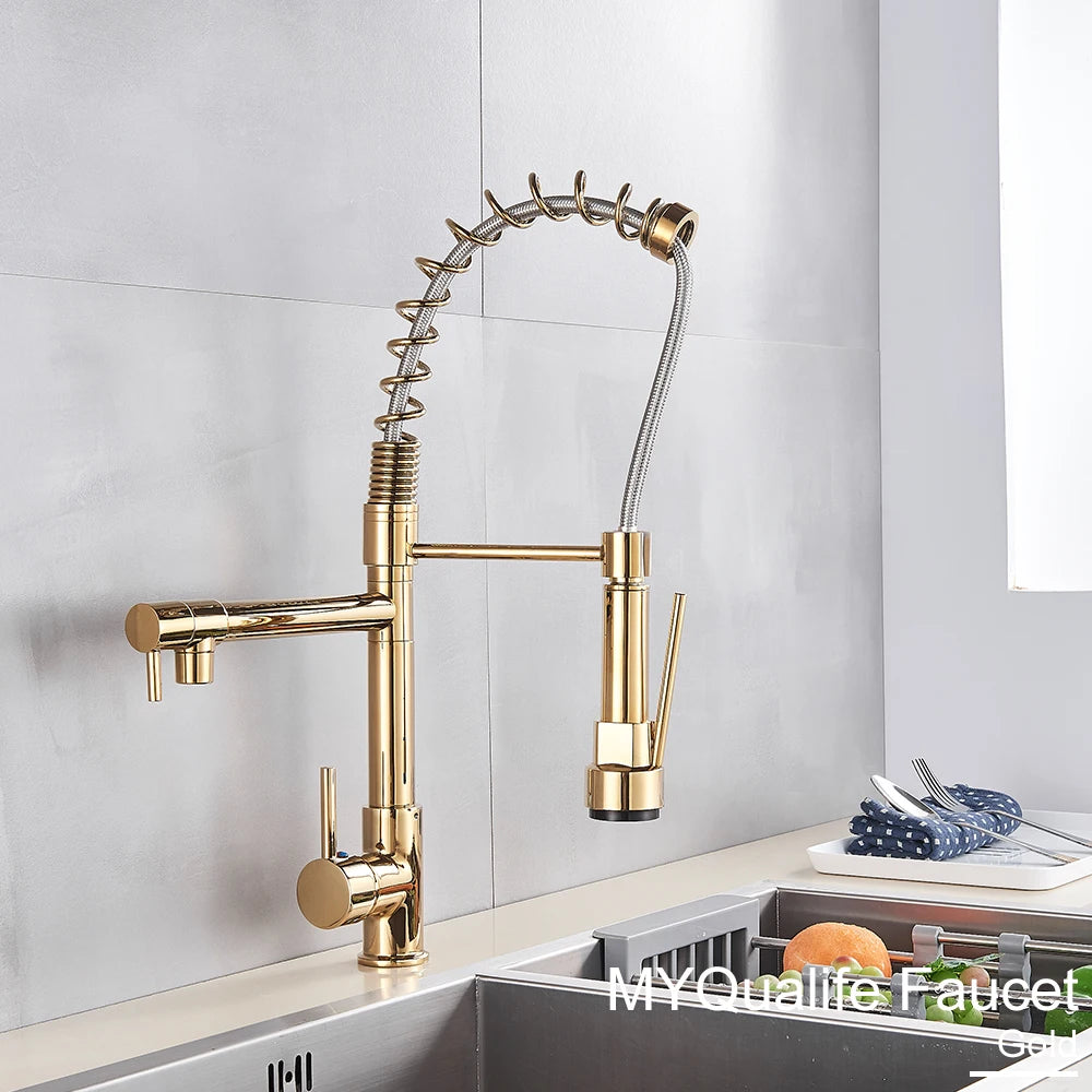 Black Pull Down Brass Kitchen Sink Faucet Hot Cold Water Mixer Crane Tap with Dual Spout 360 Rotation High Faucet Deck Mounted