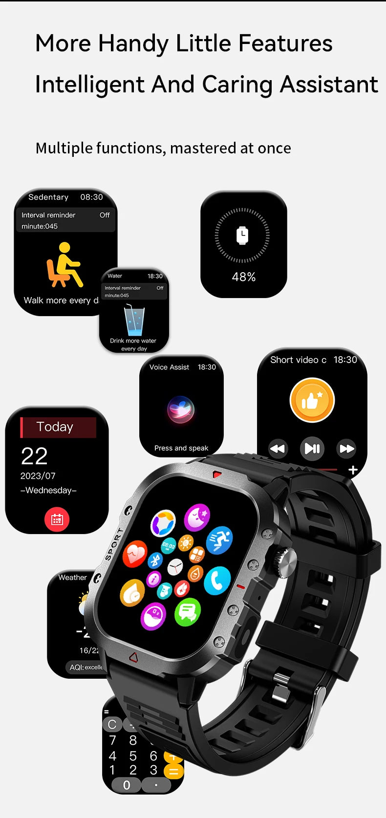 2026 New Smart Watch Men Bluetooth Calling Fitness Tracker LED Flashlight Sleep Monitor Sports Smartwatch For Android iOS