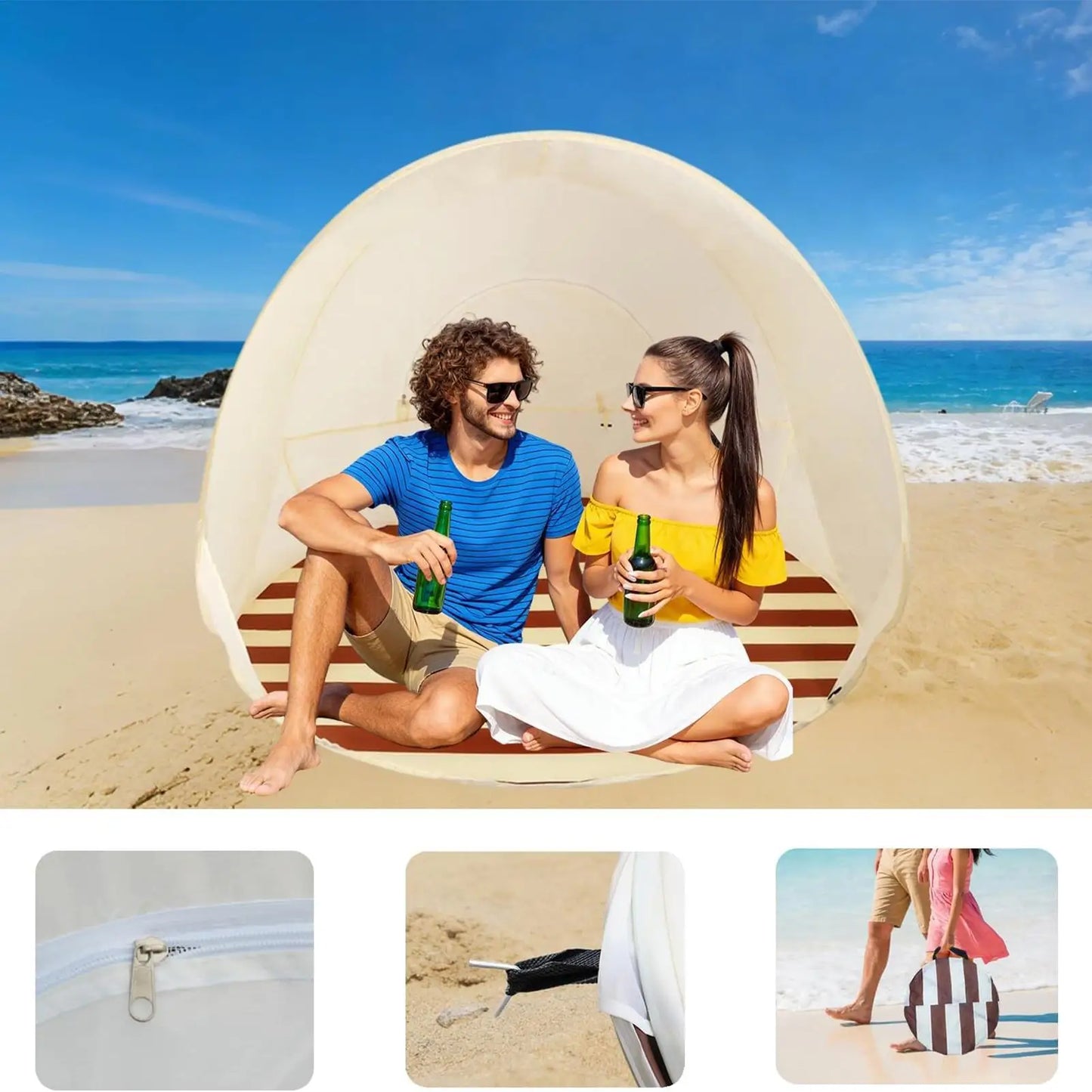Beach Tent 3/4 Person Easy Pop Camping Canopy Beach Shelter with Ventilating Mesh Window for Outdoor Camping Picnic Garden