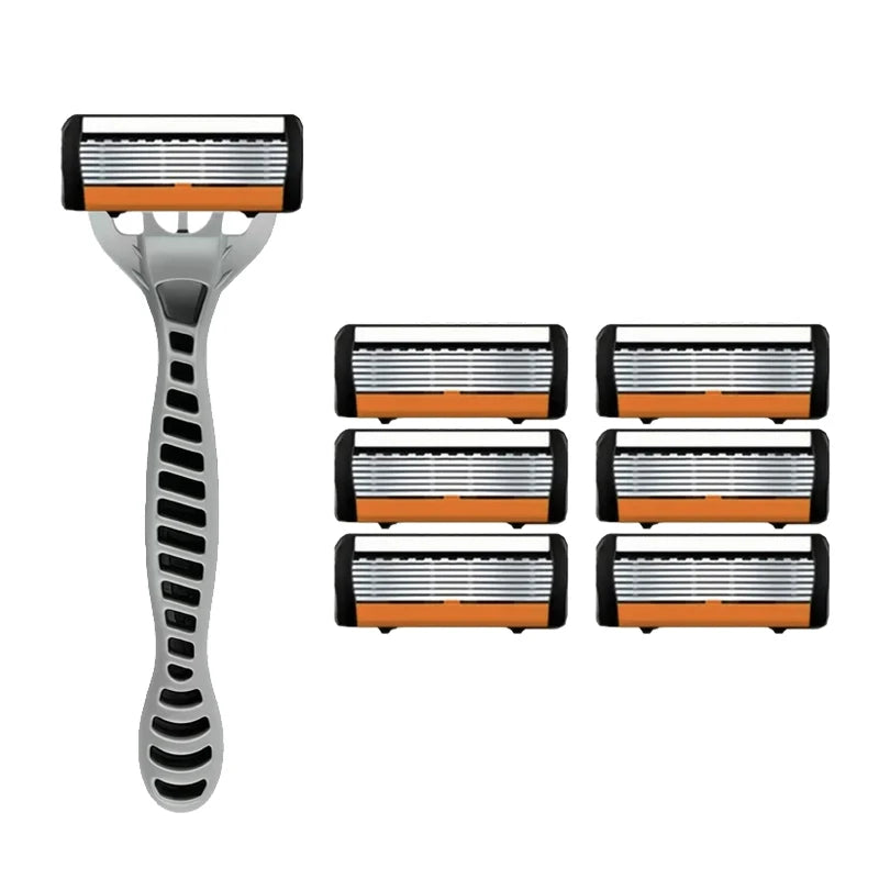 Men's manual razor safety razor 6-layer stainless steel hair removal knife, replaceable razor head, razor tools.