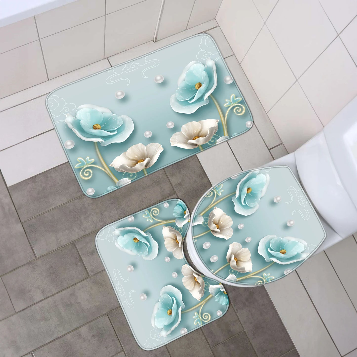 4-piece set of blue white jade orchid waterproof printed shower curtains with 12 hooks, bathroom floor mats