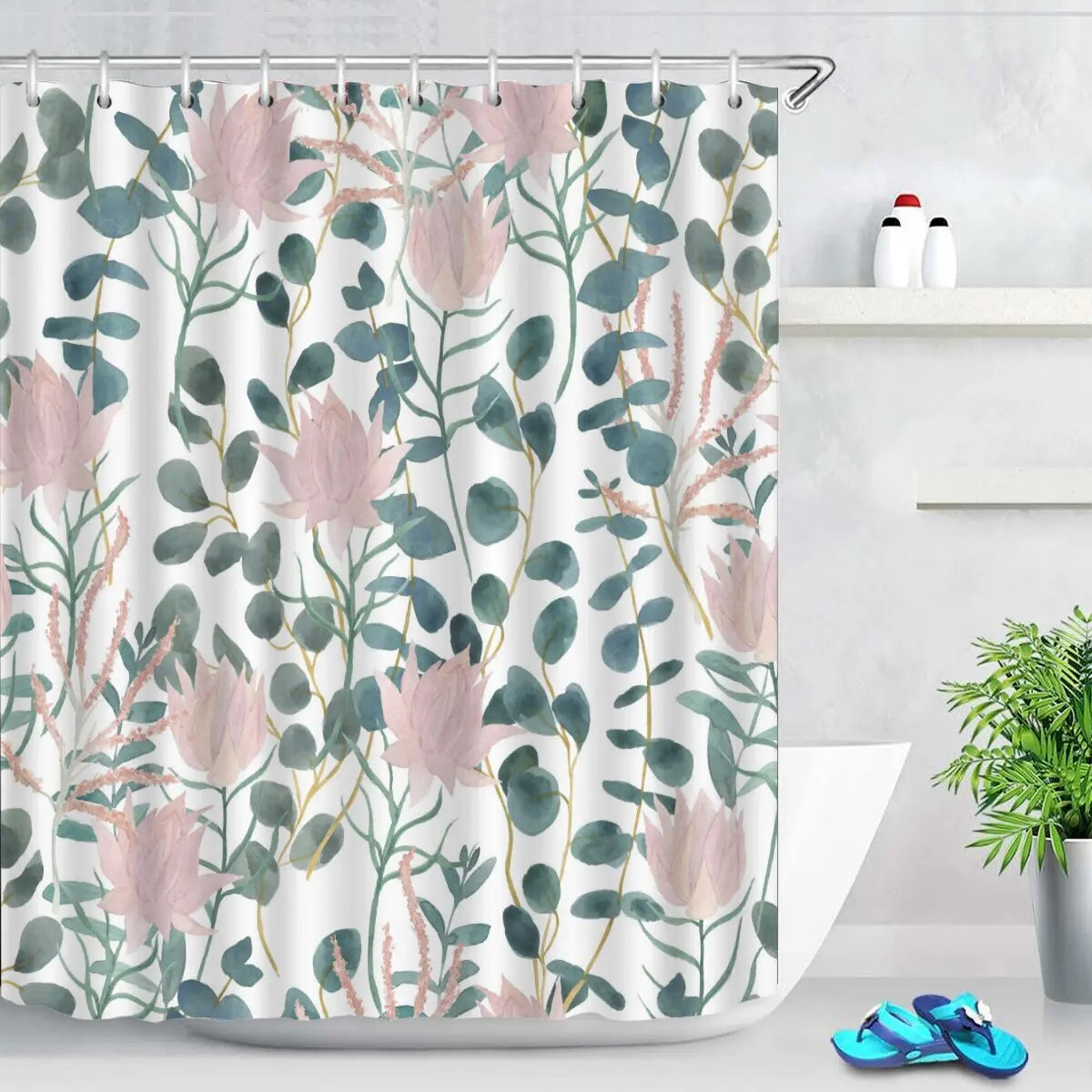 Pink Tulip Bathroom Curtain Flower Plant Shower Curtain Bathroom Polyester Waterproof Decorative Curtain with Hooks