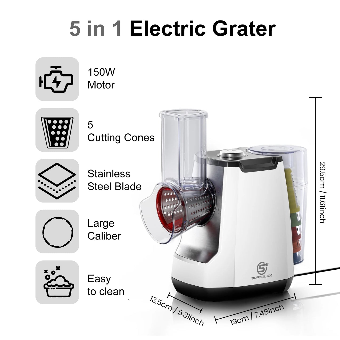 SUPERLEX 5 in 1 Electric Grater 150W Motor Easily Puts In Large Food For egetable Cutter & Slicer Kitchen Cheese Chopper Machine
