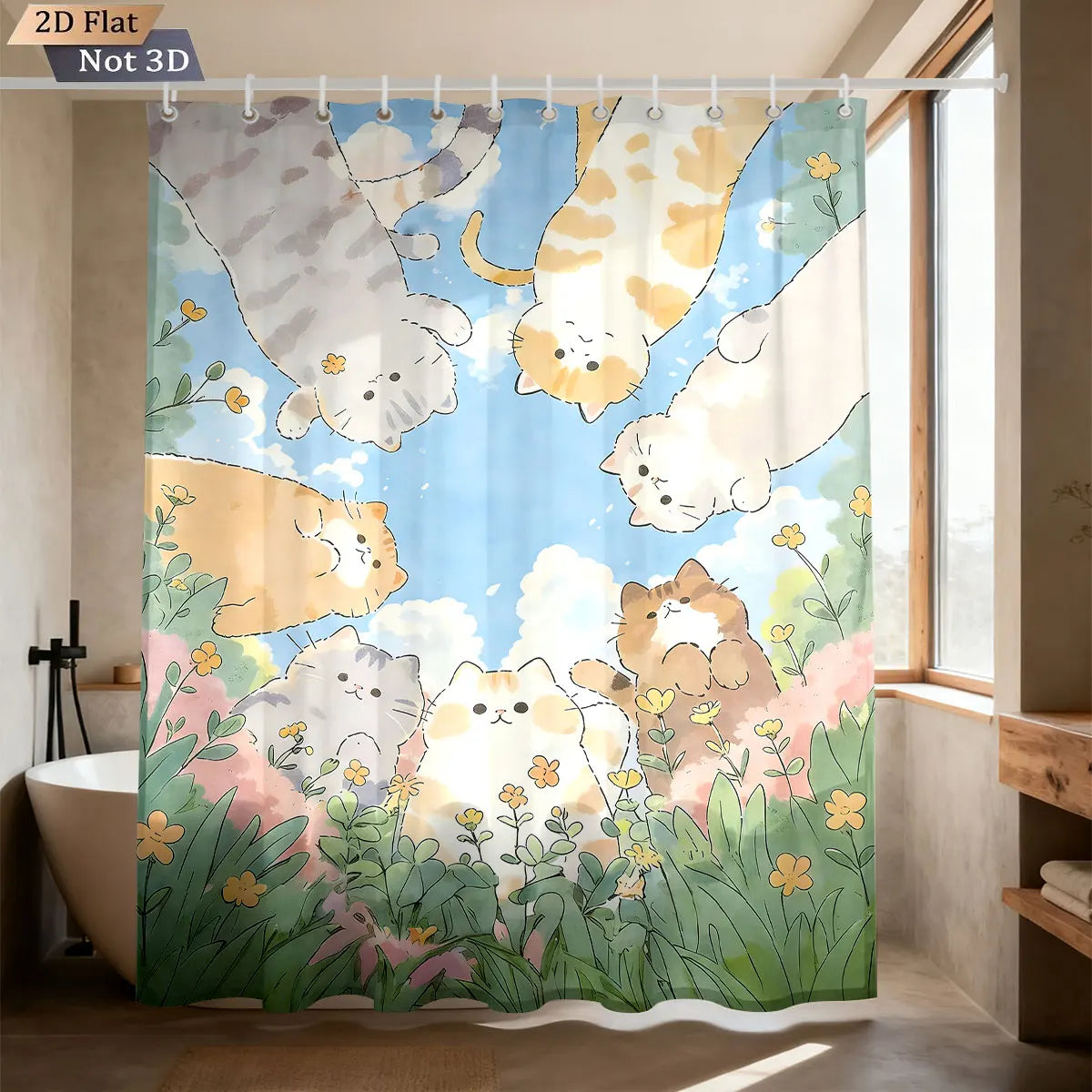 1pc Cute Cartoon Cat Printed Waterproof Shower Curtain Partition Privacy Hanging Curtain with 12 Hooks Multiple Sizes