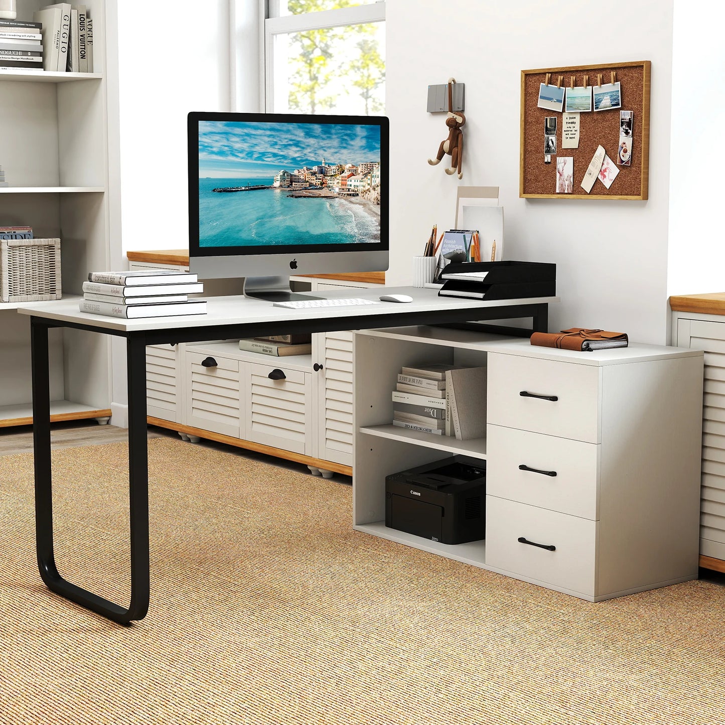 GOFLAME L Shaped Computer Desk Corner Executive Desk w/3 Drawers-White
