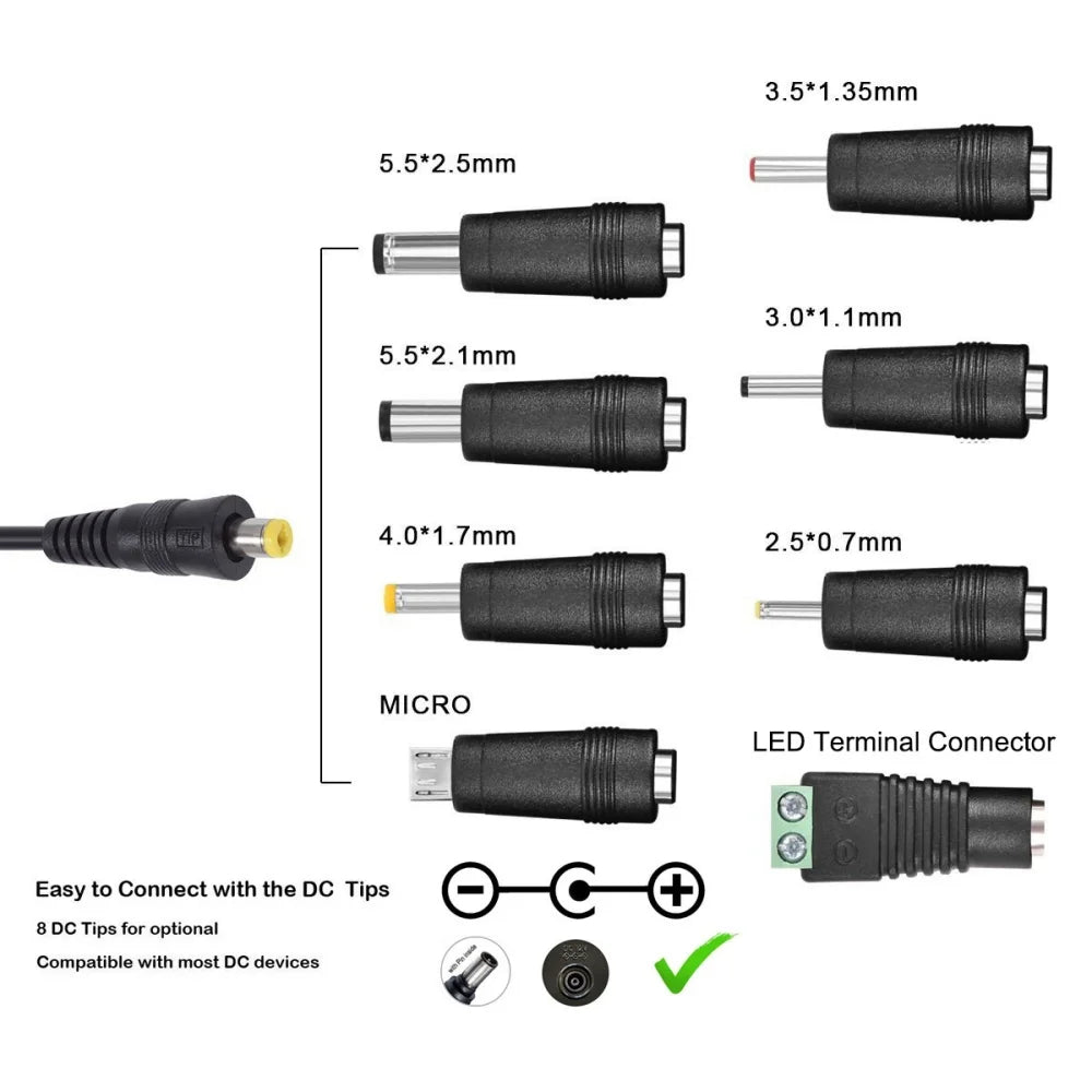 30W Adapter 3V 4.5V 5V 6V 7.5V 9V 12V Adjustable Voltage Power Adapters EU/US USB Universal Charger Supply Converter With 8 Tip