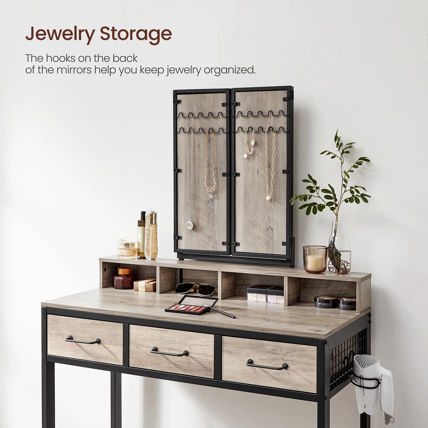 VASAGLE Dressing table with 3-piece folding mirror, hair dryer holder, cosmetic table with padded stool, 3 drawers