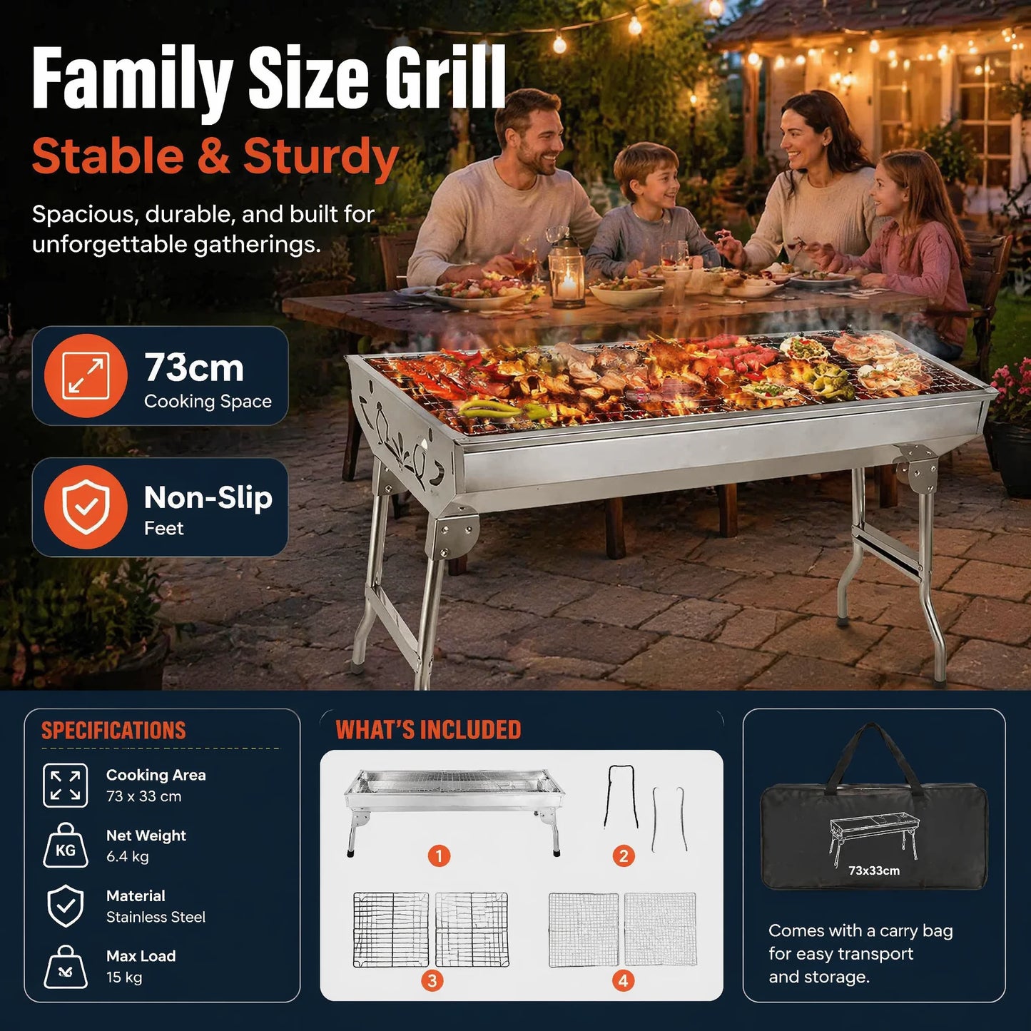 Portable Folding BBQ Grill, Instant Setup Charcoal Barbecue for Camping Festivals Beach, Lightweight Stainless Steel with Carry Bag, Foldable Legs Garden Picnic