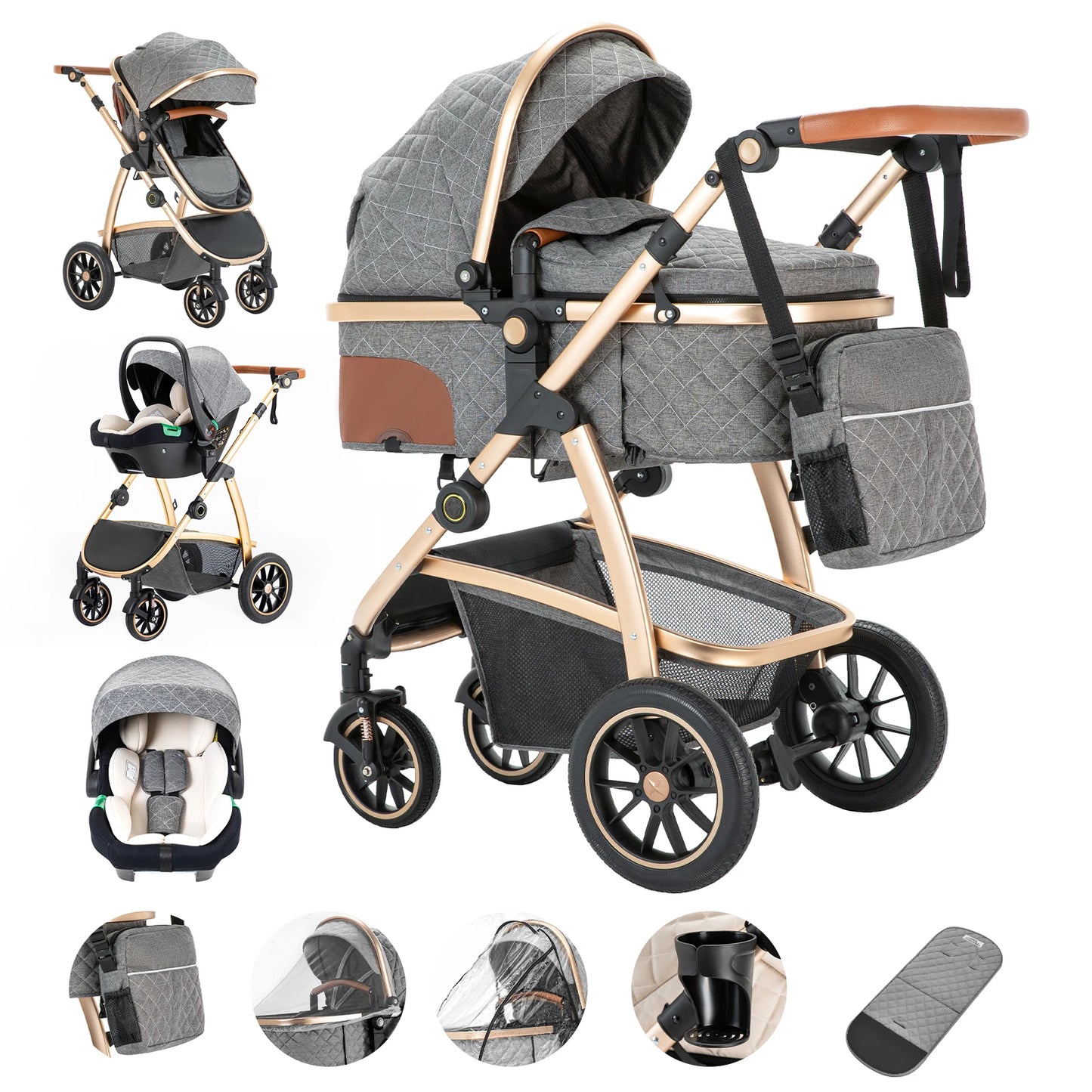3 in 1 Prams Travel System, Pushchair with Height Adjustable Handle, Travel Pram with Mosquito Net, Baby Stroller with Aluminum