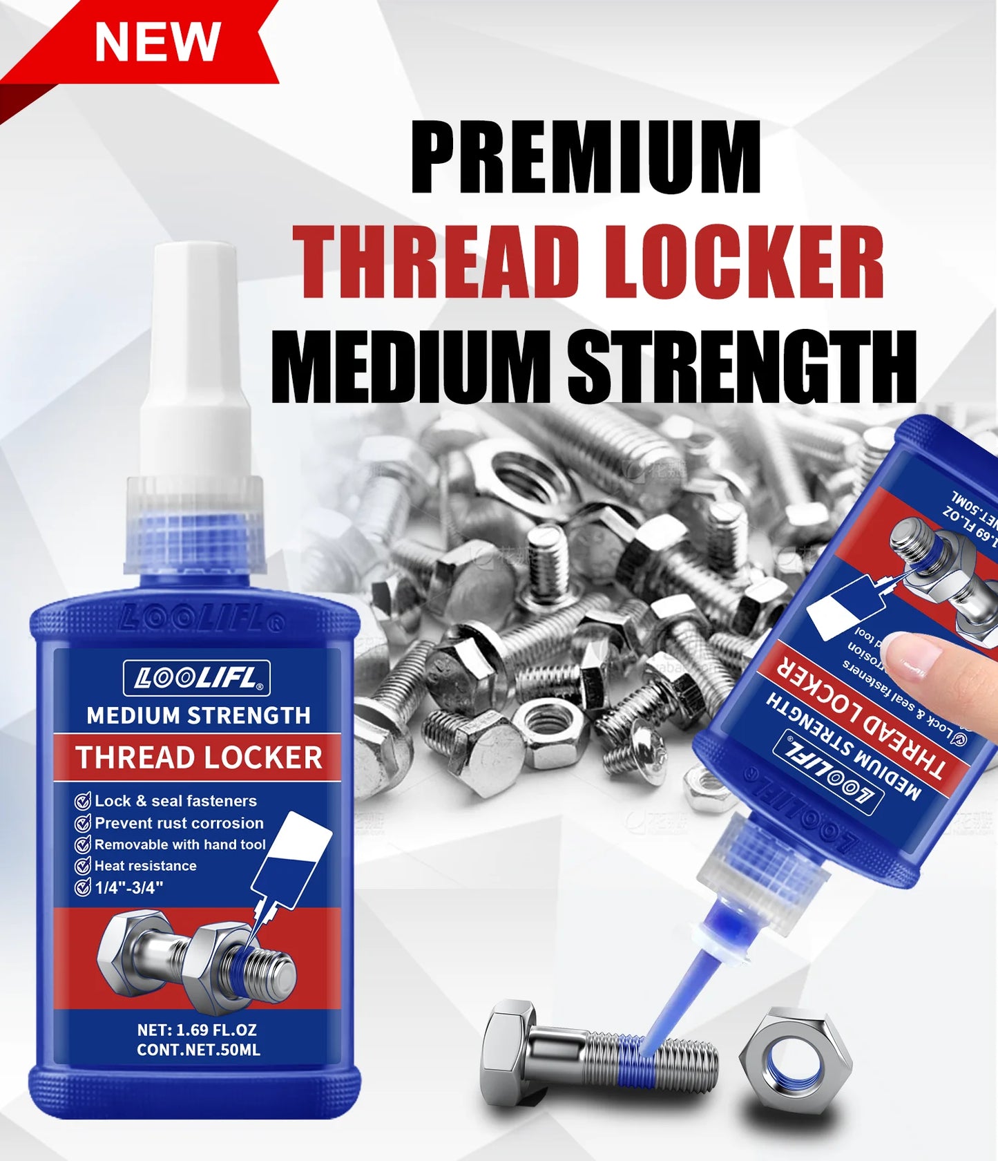 LOOLIFL Blue Thread Locker 243 Nuts-Bolts Locker, Screw Adhesive Lock Tight Seal Fasteners Anaerobic Curing Metal Glue,Rustproof
