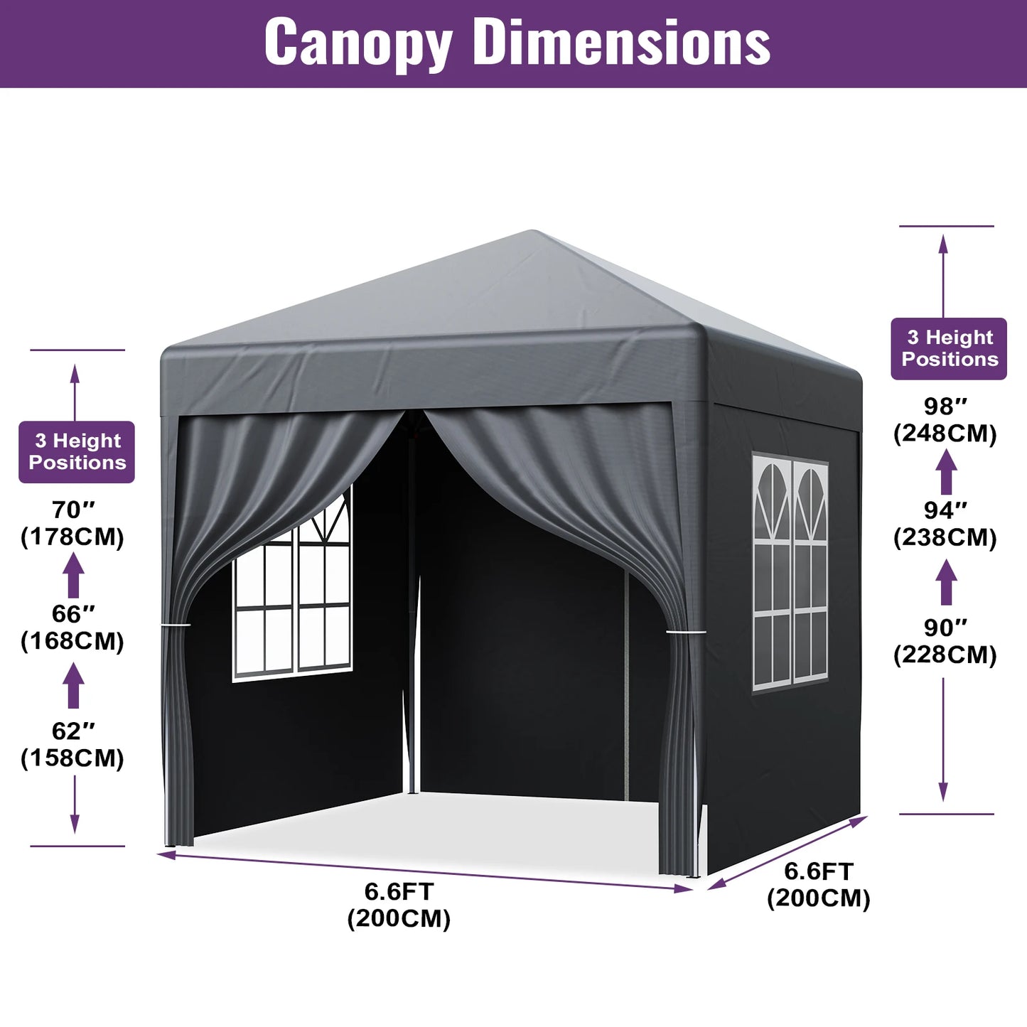 LOEFME 2x2M Pop Up Gazebo Waterproof Windproof Portable Outdoor Canopy Sun Shelter Removable 4 Sides Cloths Garden Camping Tent