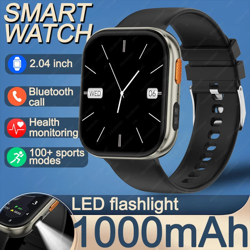 Outdoor New 1000mAh SmartWatch 2.04"HD Screen Smartwatch LED Flashlight 100+sports mode BT Call Waterproof SmartWatches Men Wome