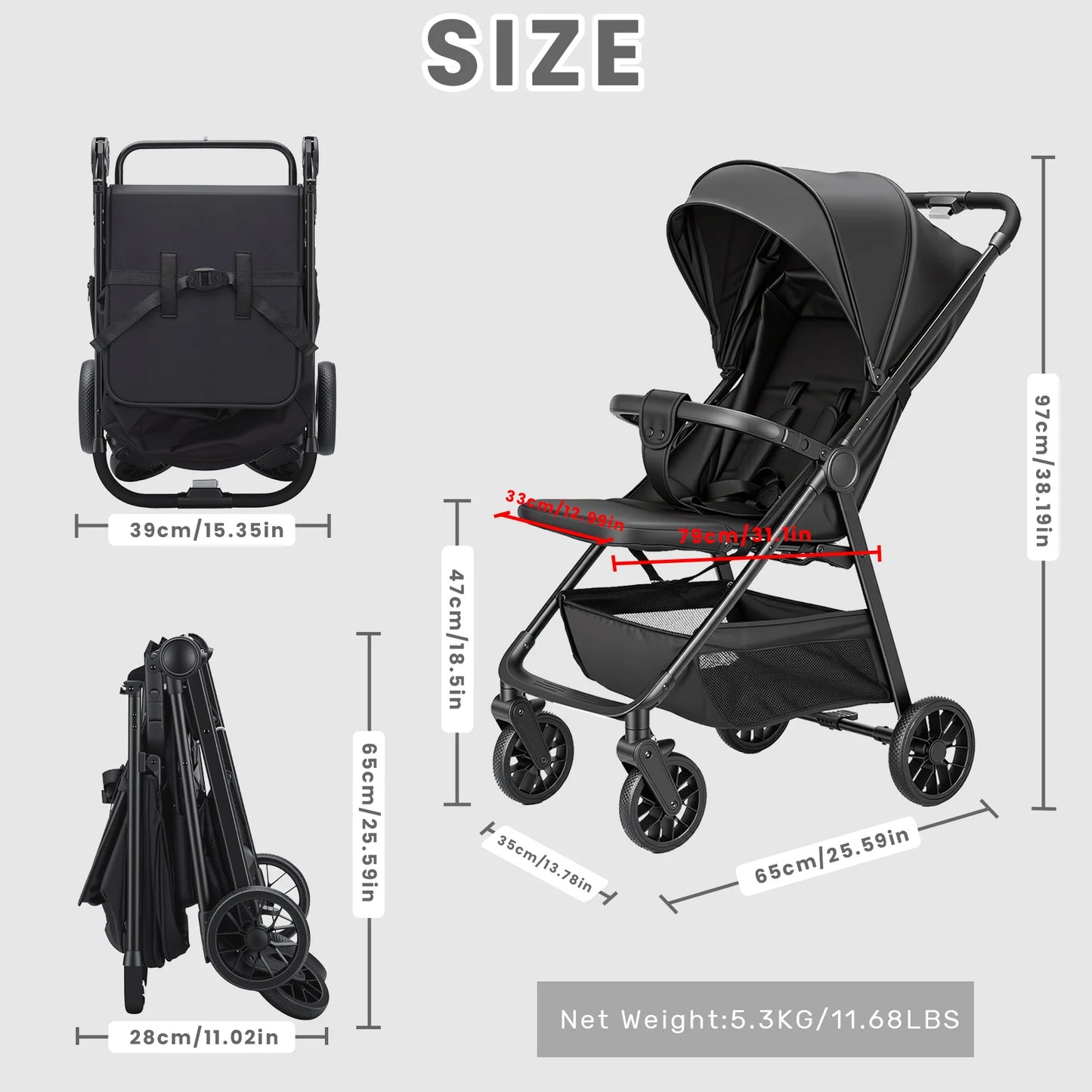 Baby Stroller for Toddlers With Reclining Seat,Ultra Compact Stroller With Large Storage Basket, Canopy, for Travel Buggy