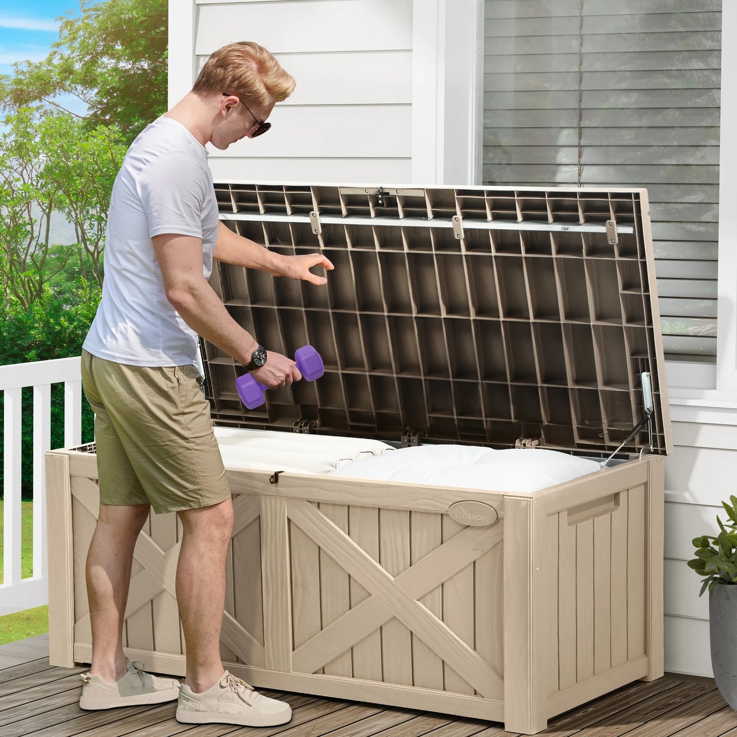 450L X-Front Resin Deck Box, Waterproof Lockable Outdoor Storage Bench for Patio Cushions & Garden Tools