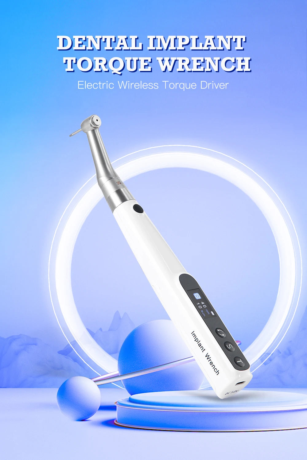 AZDENT Dental Implant Motor Electric Wireless Torque Driver Implant Torque Wrench with 16pcs Screwdrivers Contra Angle Motor