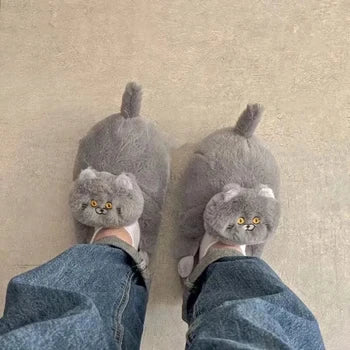 Kawaii Kitty Designer Slippers Women's Bottom Cat Paw Shoes Winter Warm Waterproof Mules Clogs Woman Kitten Home Slipper Adult