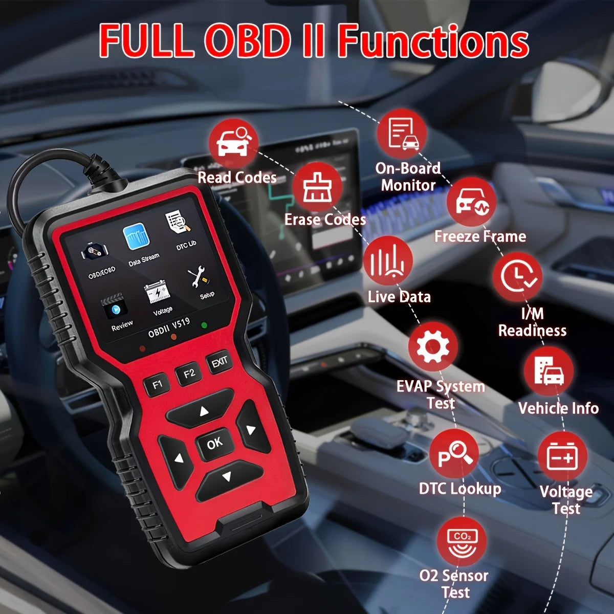 Professional Advanced Obdii/Eobd Car Diagnostic Scan Tool, Battery Tester, I/M Readiness Status, Fault Code Eraser, Suitable for All Obd Ii Protocol Cars Manufactured since 1996, No Battery Required