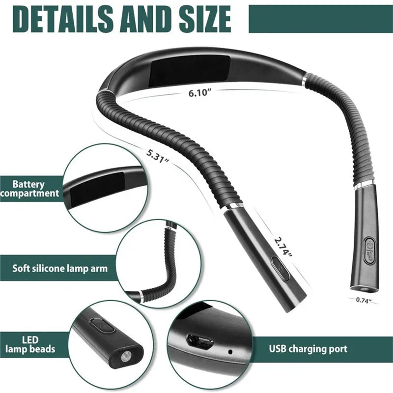 LED Neck Reading Light Flexible Book Lamp 3 Colors Brightness Adjustable Rechargeable for Reading Knitting Repairing Lighting