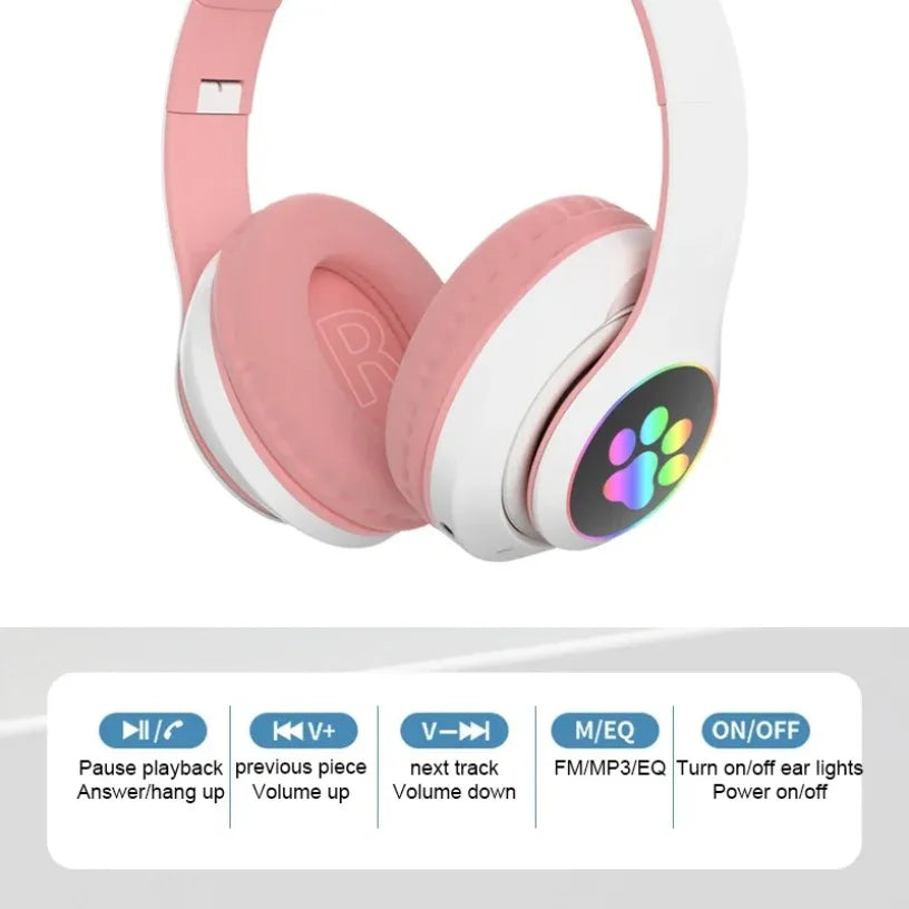 Bluetooth 5.0 Stereo With Mic Flash Lamp Cute Cat Ears Headphone Support TF Card Wireless Kids Girl Earphone Birthday Gift