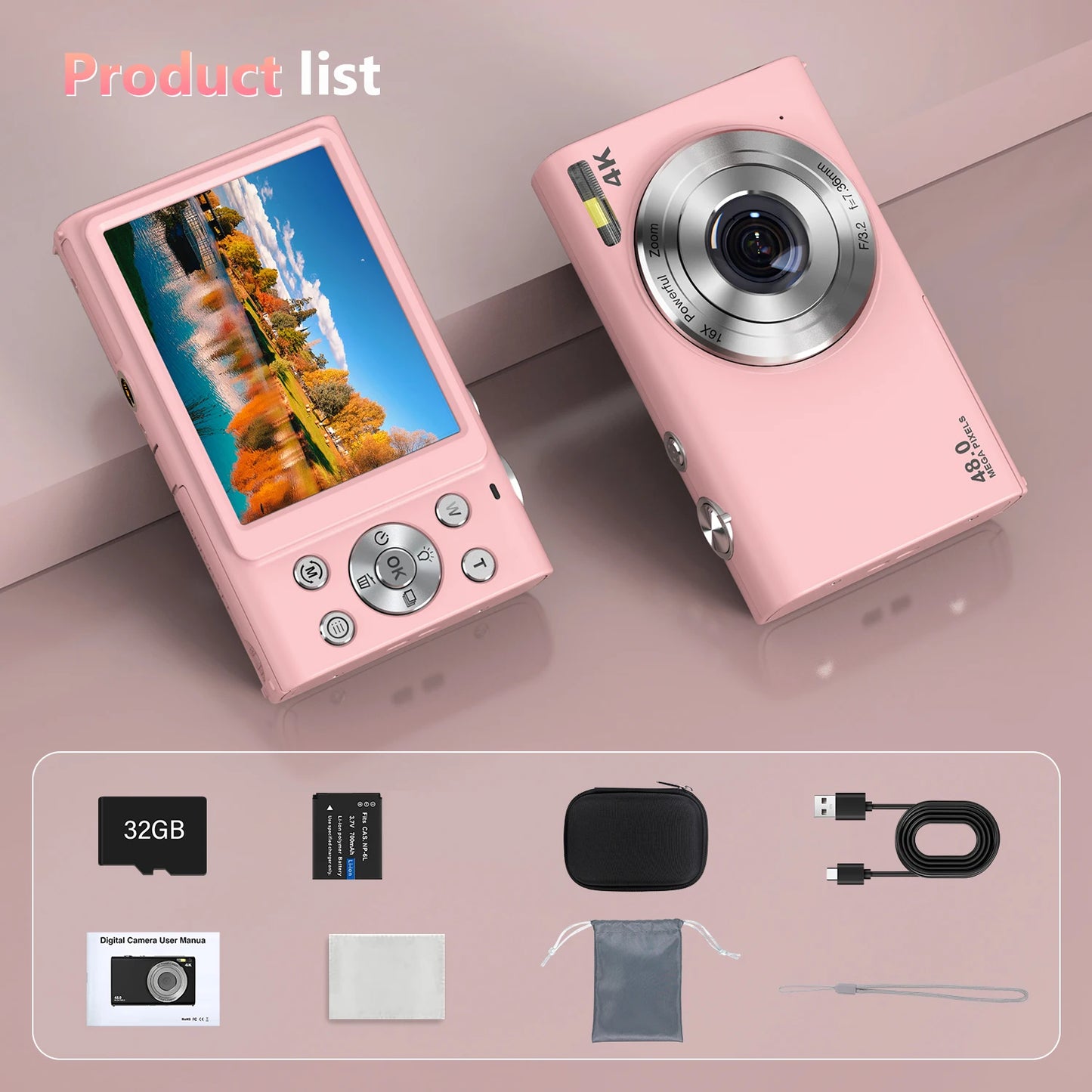 4K Digital Camera Autofocus Vlogging Camera HD 48MP with 2.8" Large Screen Camcorder Camera for Photography for Kid Adult