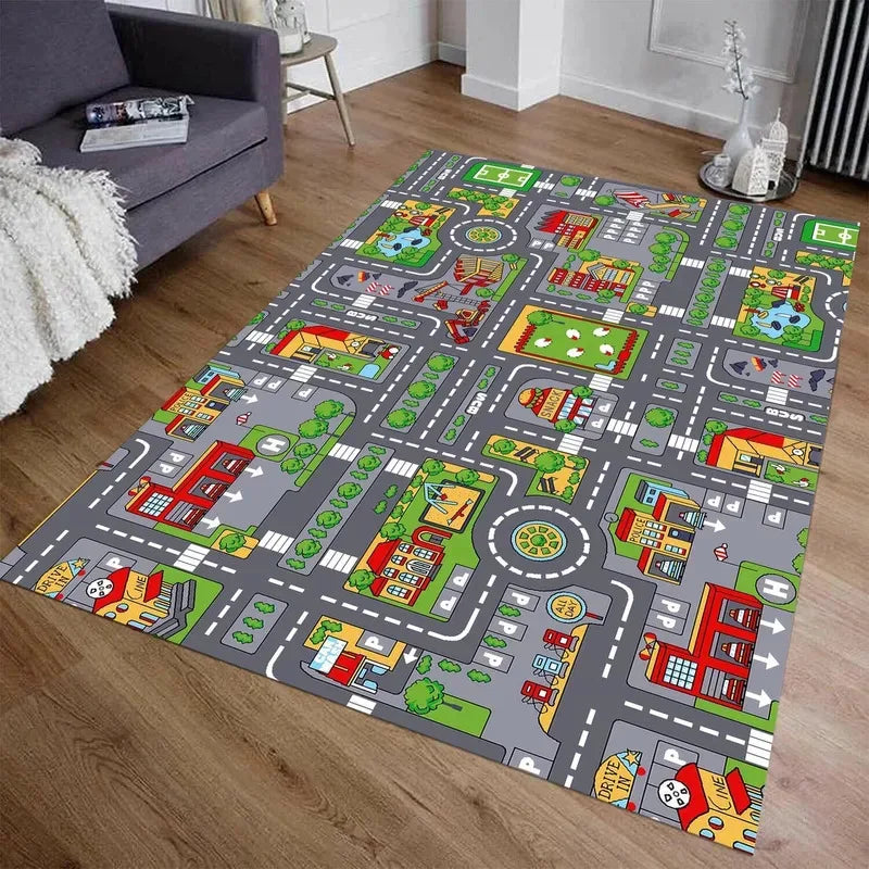 VIKAMA Cartoon City Transport Living Room Rug Children's Bedroom Playroom Mat Non-Slip Play Mat Crawling Mat Home Decor