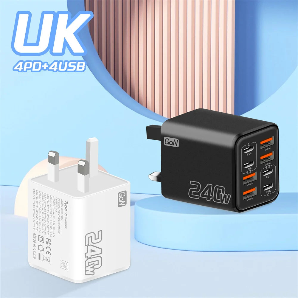 240W 8 in 1 USB C GaN Charger Fast Charging Phone Charger Power Adapter For iPhone Samsung Xiaomi EU/US/UK Plug Travel Charger