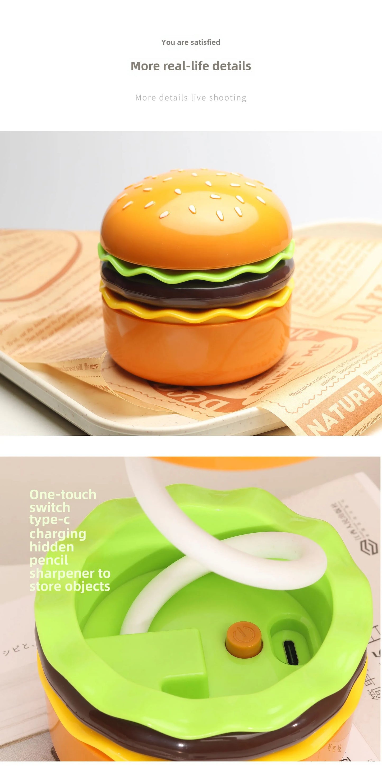 Original Practical Reading Burger Night Light LED Charging Bedside Sleep Light Learning Pencil Sharpener Can Be Stored Desk Lamp