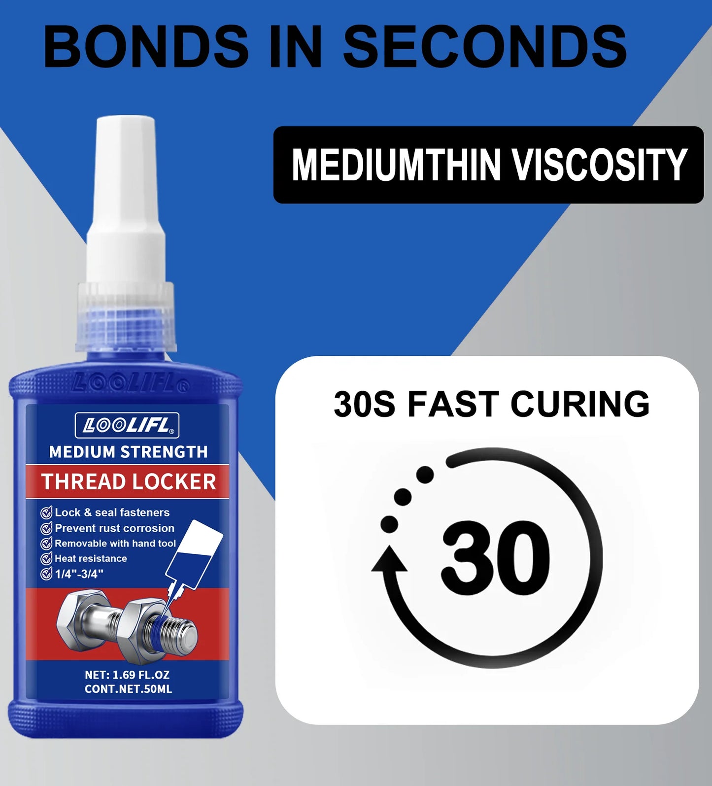 LOOLIFL Blue Thread Locker 243 Nuts-Bolts Locker, Screw Adhesive Lock Tight Seal Fasteners Anaerobic Curing Metal Glue,Rustproof