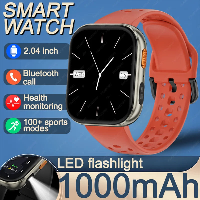 Outdoor New 1000mAh SmartWatch 2.04"HD Screen Smartwatch LED Flashlight 100+sports mode BT Call Waterproof SmartWatches Men Wome