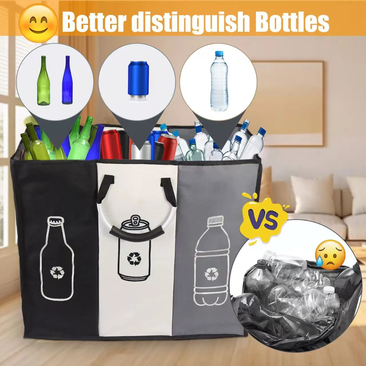 Deposit Bottle Collector Bins with 3 Compartments Recycling Bins Odor-Resistant Recycle Bin Indoor Bottle Hamper for Hom