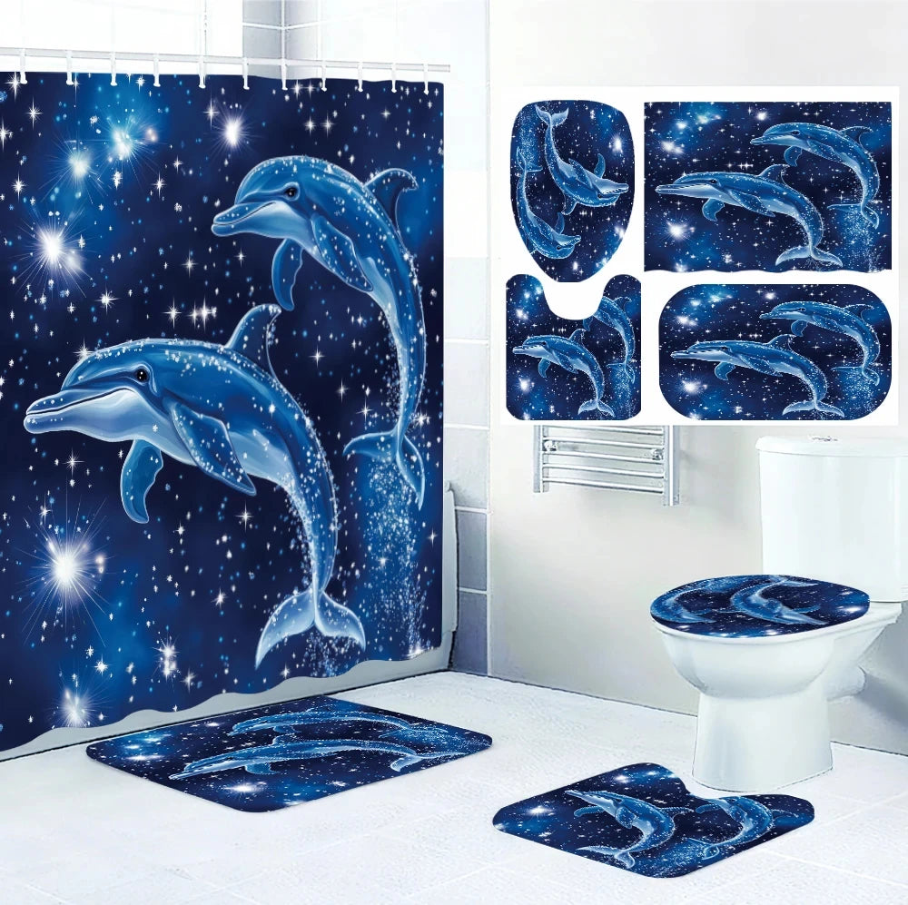 Dolphin Bathroom Four-piece Set - Avant-garde Waterproof Shower Curtain, creating a complete bathroom suite