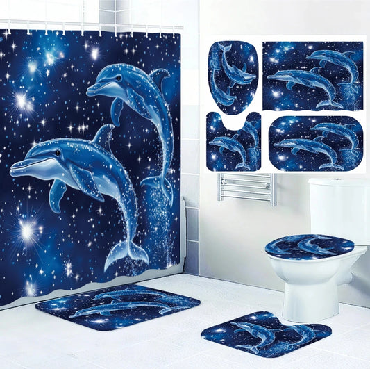 Dolphin Bathroom Four-piece Set - Avant-garde Waterproof Shower Curtain, creating a complete bathroom suite