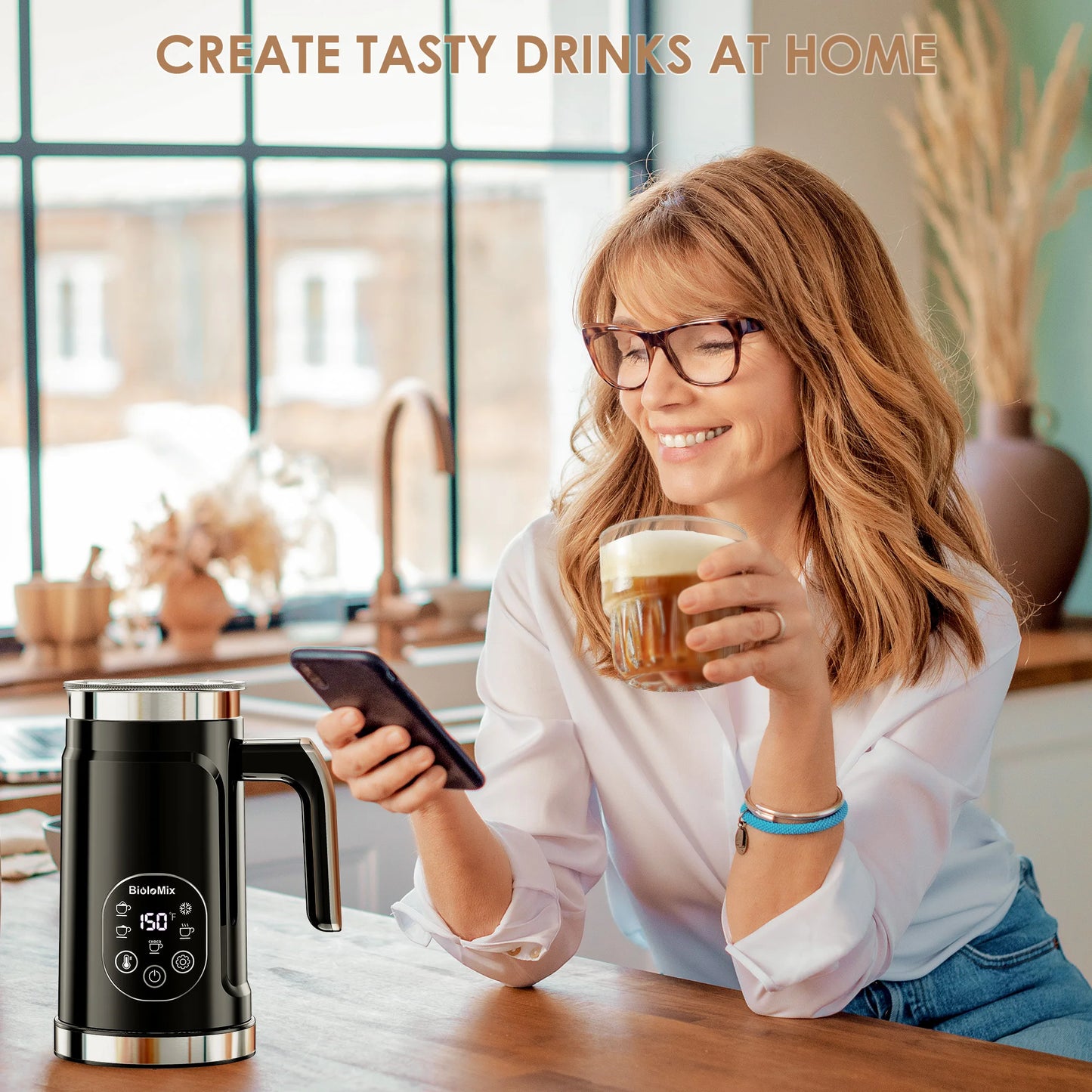 BioloMix 5-in-1 Milk Frother with Upgraded LED Display Touch Screen - Hot And Cold Foam Maker Milk Warmer for Coffee Latte