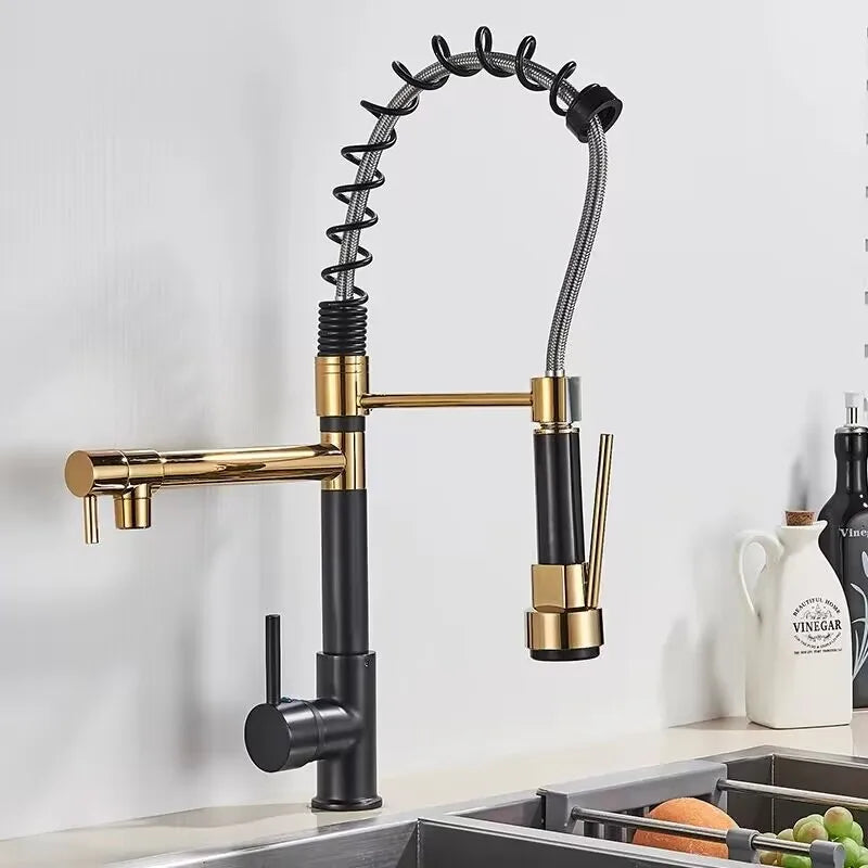 Black Pull Down Brass Kitchen Sink Faucet Hot Cold Water Mixer Crane Tap with Dual Spout 360 Rotation High Faucet Deck Mounted