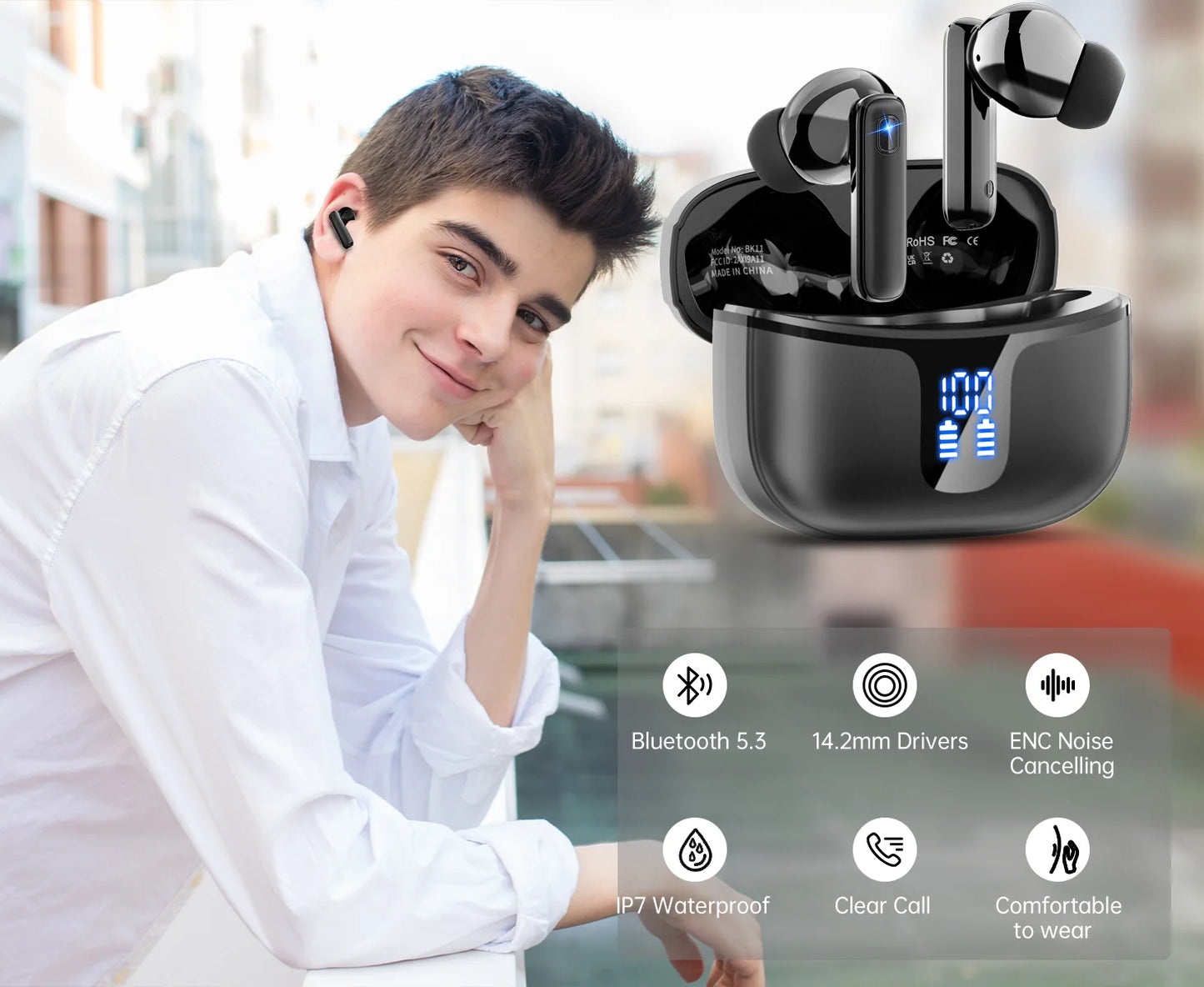 Wireless Earbuds with Bluetooth 5.3, In-Ear Headphones Featuring 4 ENC Mics and 40 Hours of Playtime, LED Display Included.