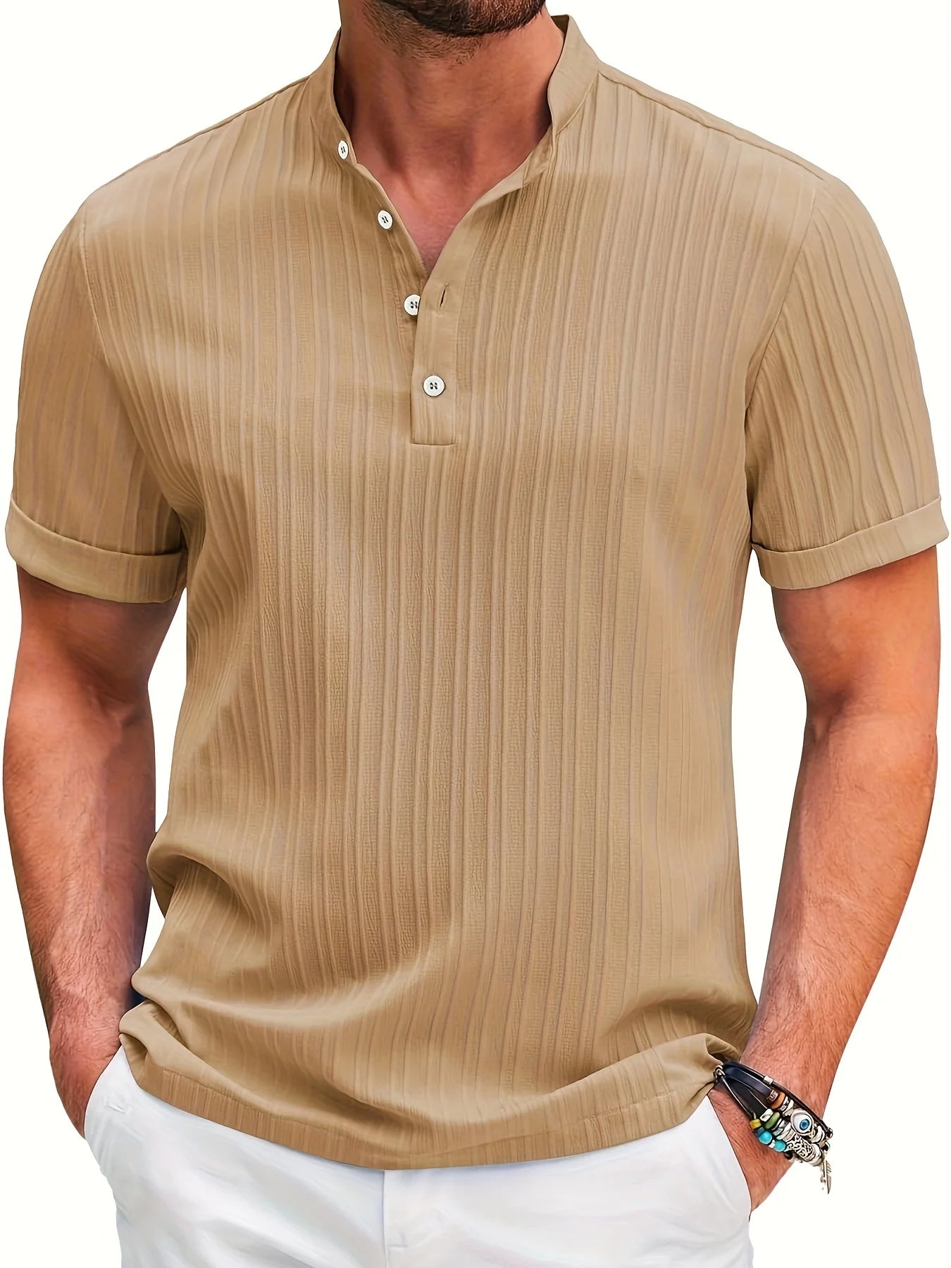 Hawaiian Men's Retro Cotton And Linen Henry Shirt Casual Loose With Sporty Stand-up Collar Buttons 2026 New Men's Casual Shirt