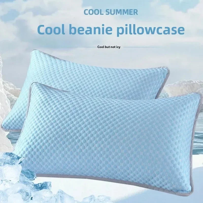 Summer Cooling Ice Silk Pillowcase with Cool Beads Solid Color Washable Breathable Pillow Cover for Home Bedroom
