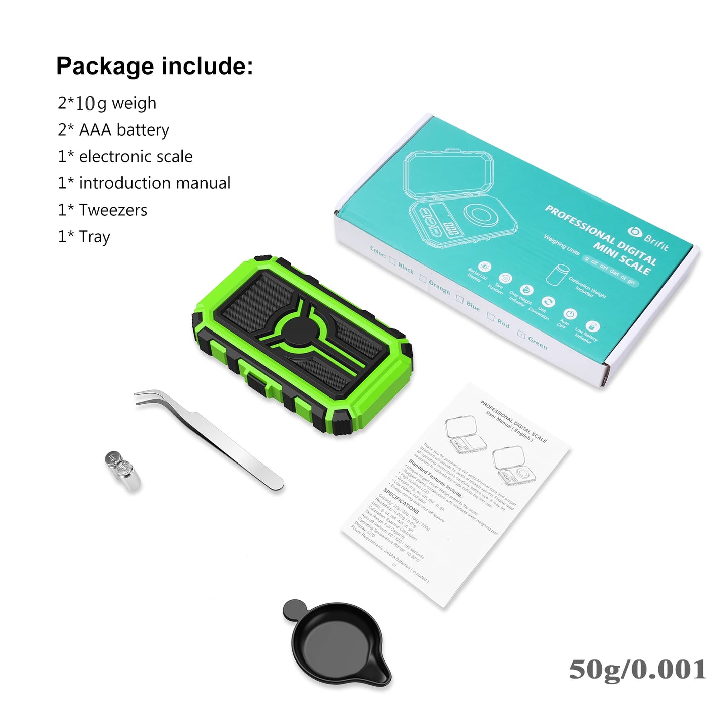 Brifit Electronic Digital Scale 0.001g/50gMini Scale Precision Professional Pocket Scale Milligram with 50g Calibration Weights