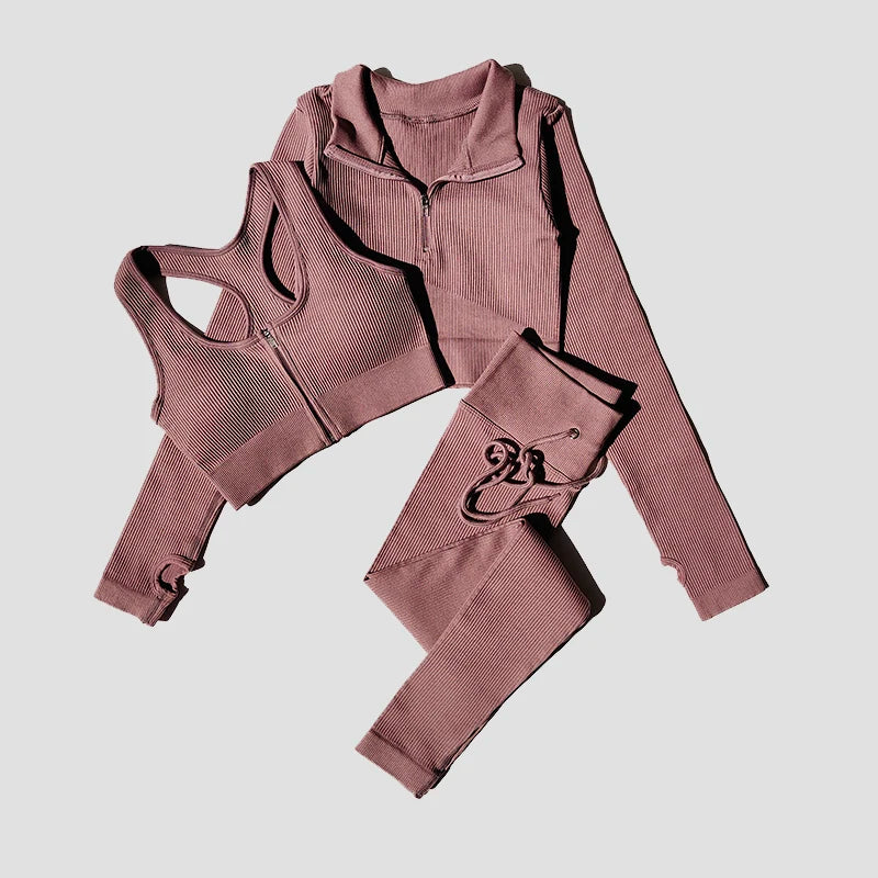 Seamless Women Yoga Set Workout Sportswear Gym Clothing Zipper Long Sleeve High Waist Leggings Fitness Bra Athletic Sports Suits