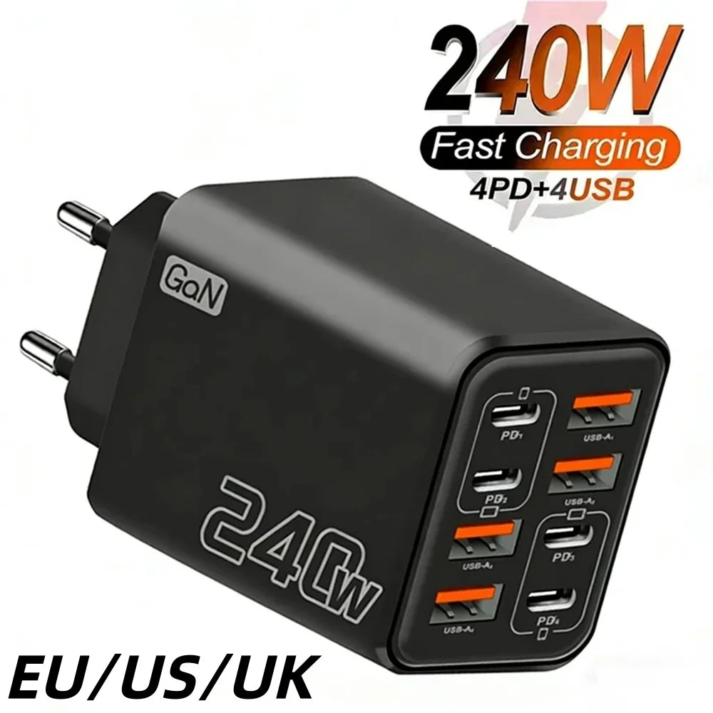 240W 8 in 1 USB C GaN Charger Fast Charging Phone Charger Power Adapter For iPhone Samsung Xiaomi EU/US/UK Plug Travel Charger