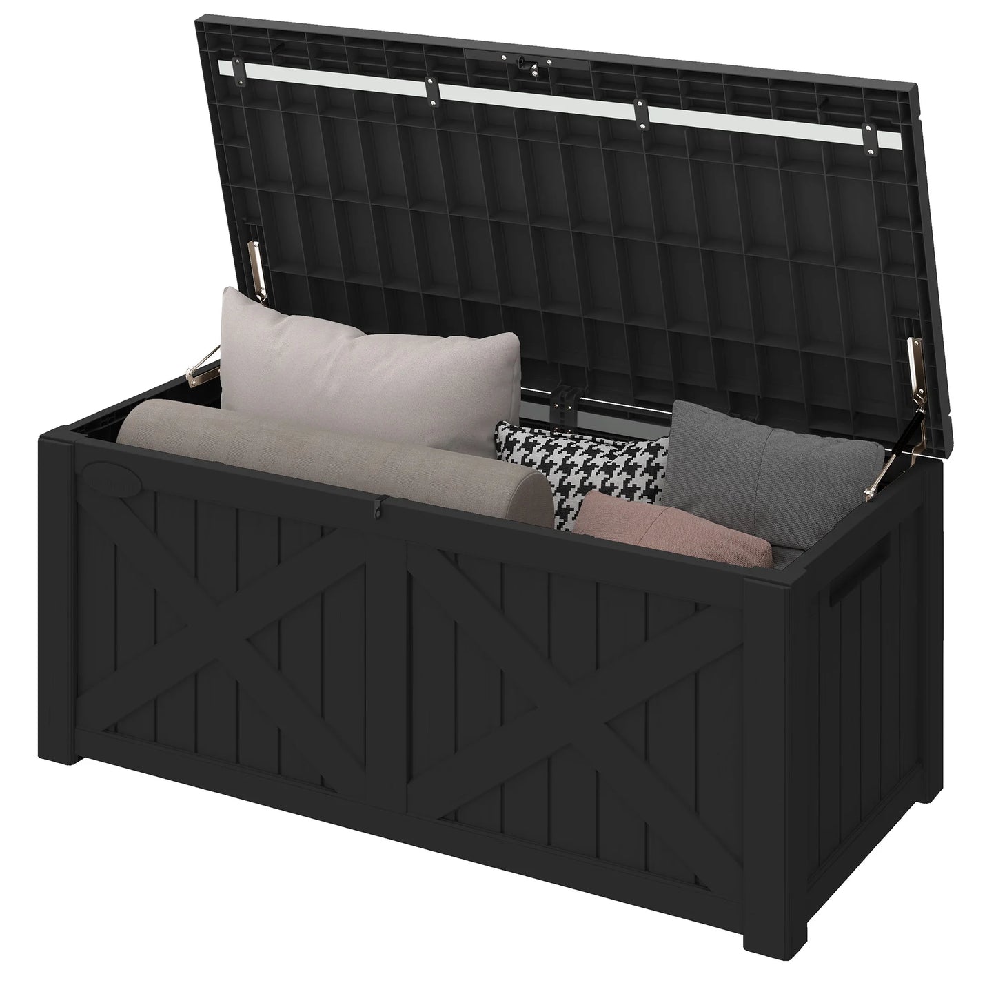 450L X-Front Resin Deck Box, Waterproof Lockable Outdoor Storage Bench for Patio Cushions & Garden Tools