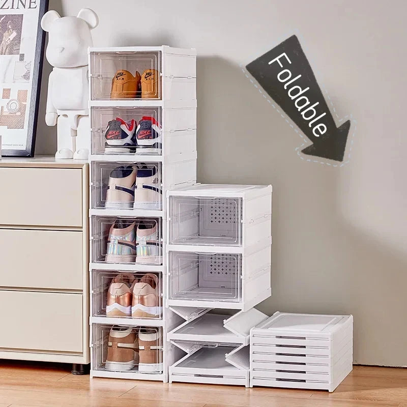 6 Layers Foldable Transparent Shoe Box Stackable Dustproof High Top Sneaker Storage Organizer for Home Closet