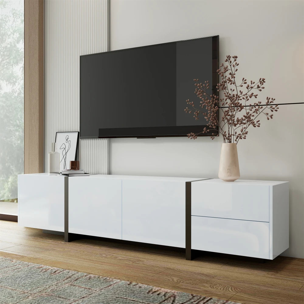 PINGGO TV cabinet, white high-gloss cabinet and black contrasting table legs, with simple cabinet doors and drawers.