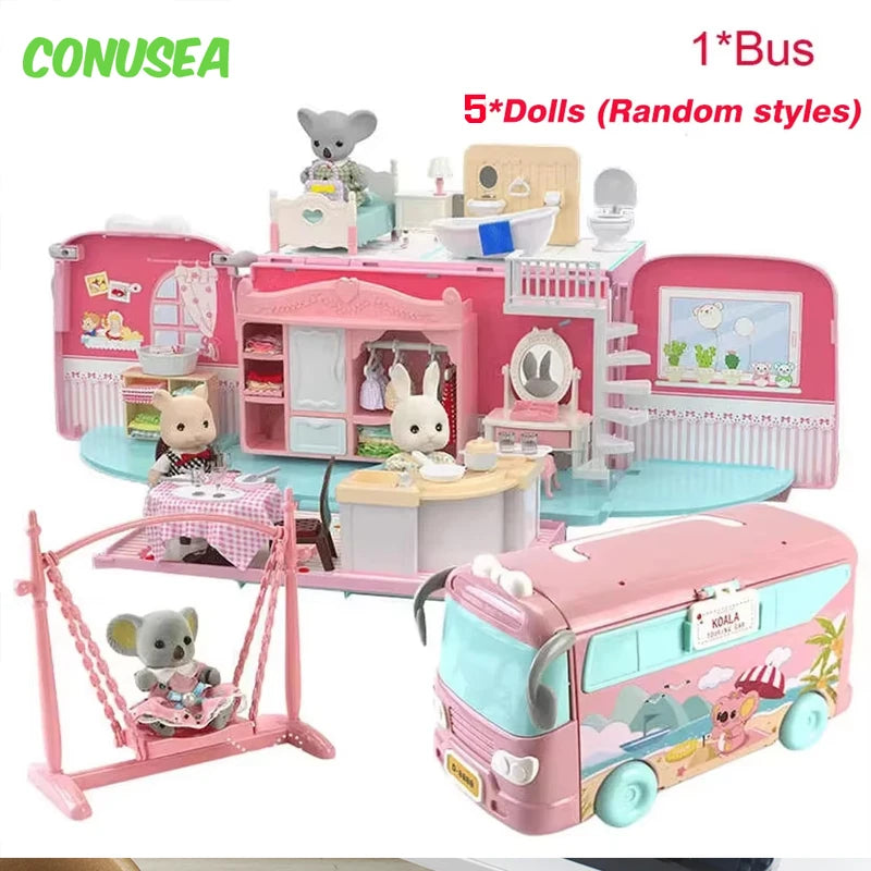 Dollhouse Koala Diary Girl Play House Toy Diy Tour Bus Bedroom Dresser Dining Kitchen Bathroom Shop Pretend Family Toys Girls