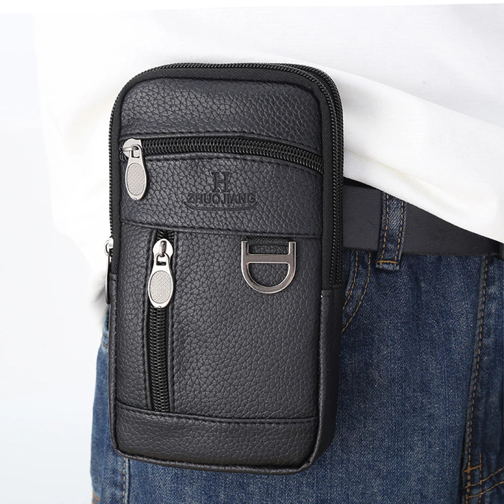Men Waist Bag Mobile Phone Bag Outdoor PU Leather Wearable Belt Sports Waterproof Small Hanging Bag Business Leisure Coin Purse