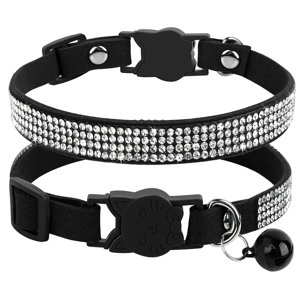 Soft Pink Suede Leather Cat Collar - Cute Bling Rhinestone Design, with Bell & Safety Breakaway Buckle, Adjustable XS/S Sizes
